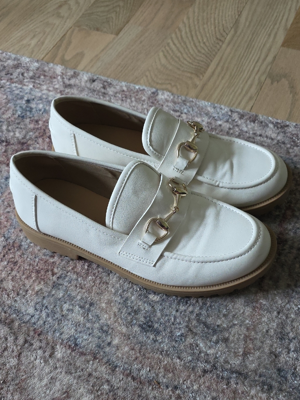 Cream Loafer Flats with Gold Bit Hardware